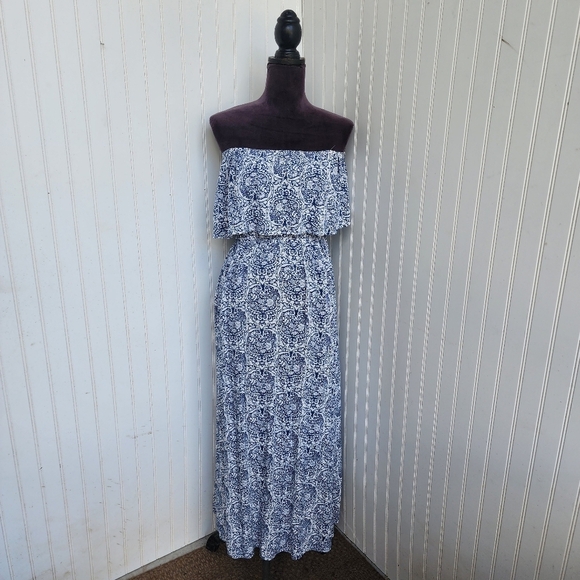 Yidarton Women Blue White Strapless Floral Off The Shoulder Maxi Dress Size L - Picture 1 of 13